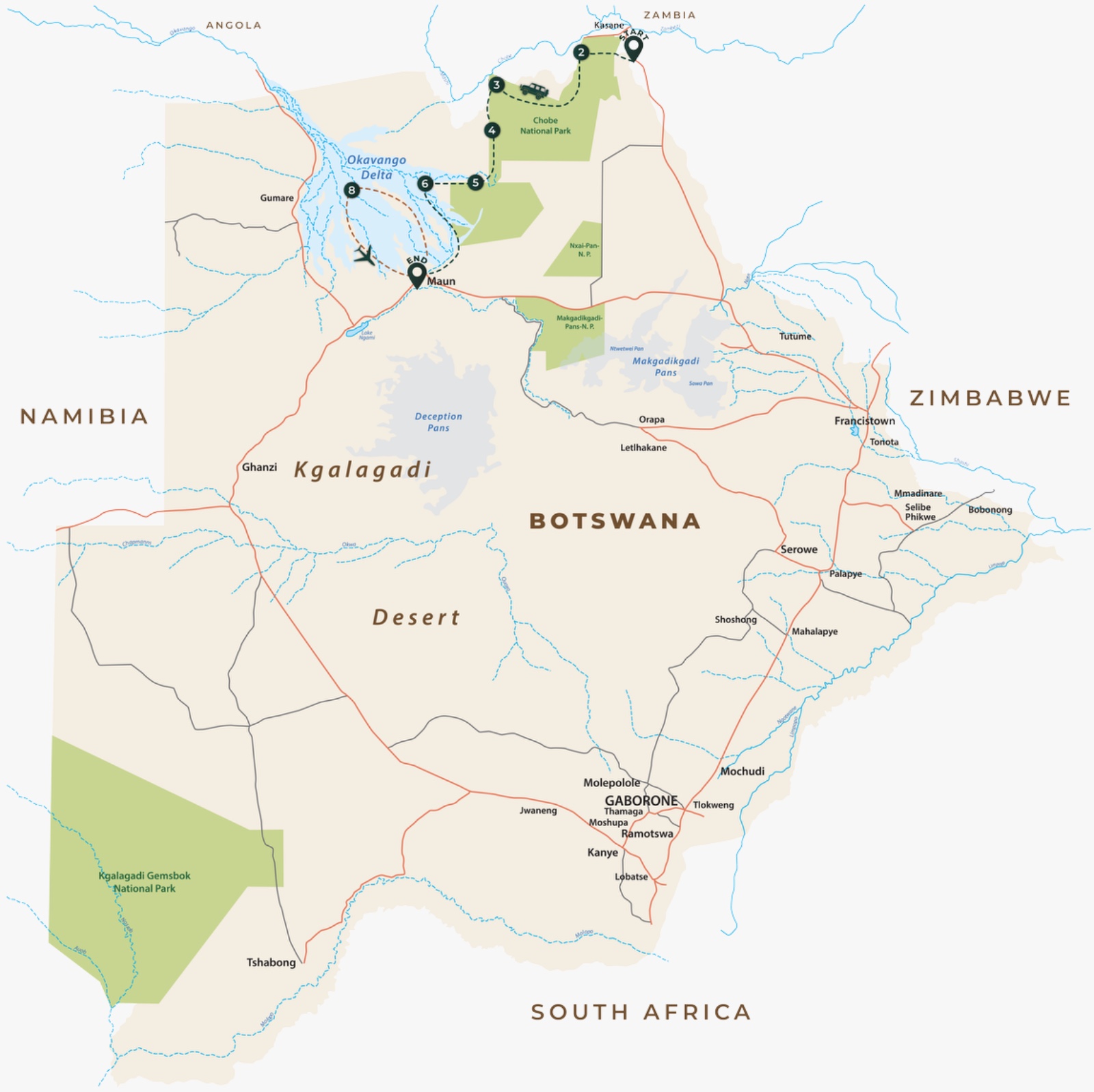 Route map for Okavango Crossing Luxury