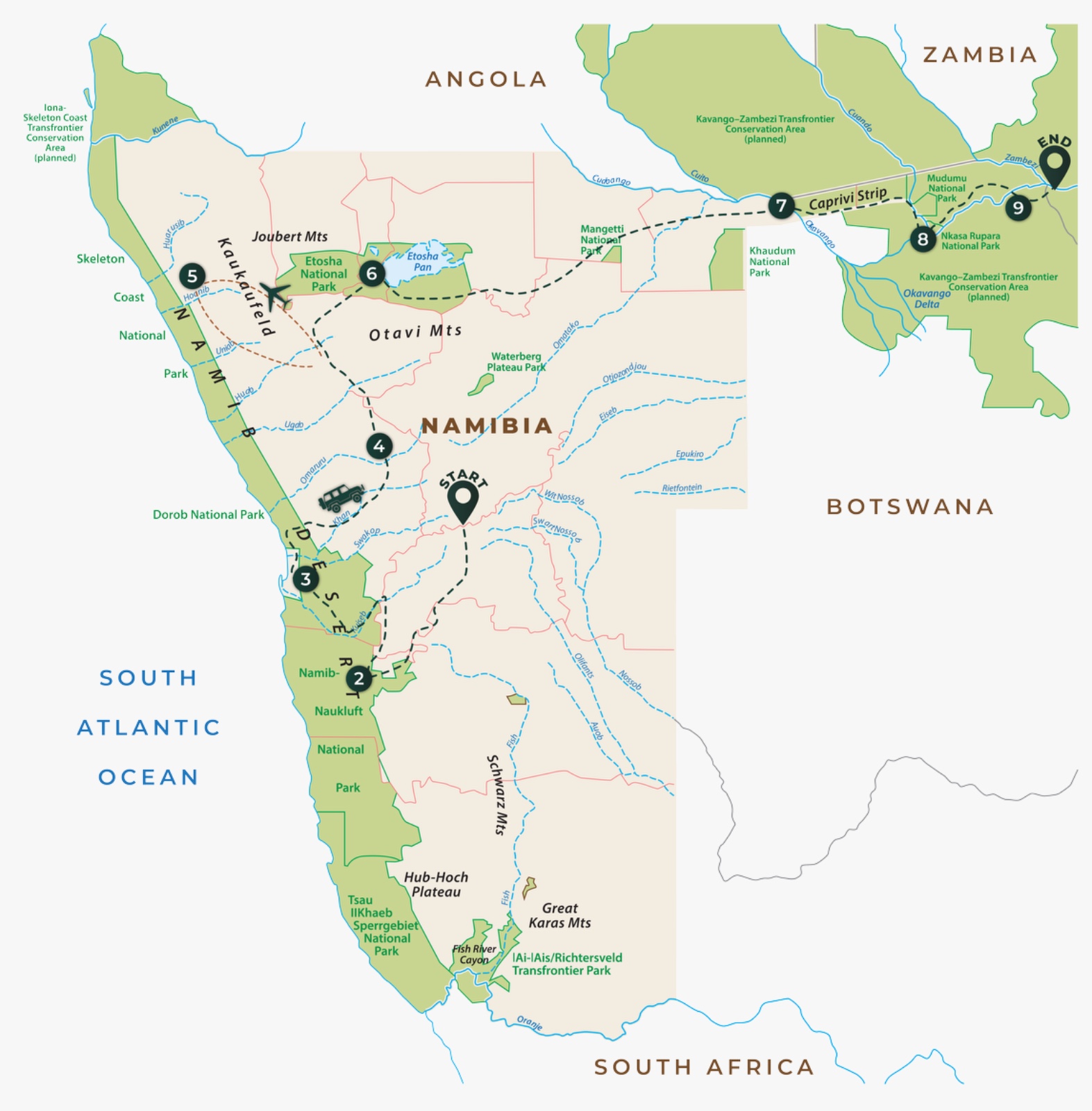Route map for Ultimate Namibia Luxury