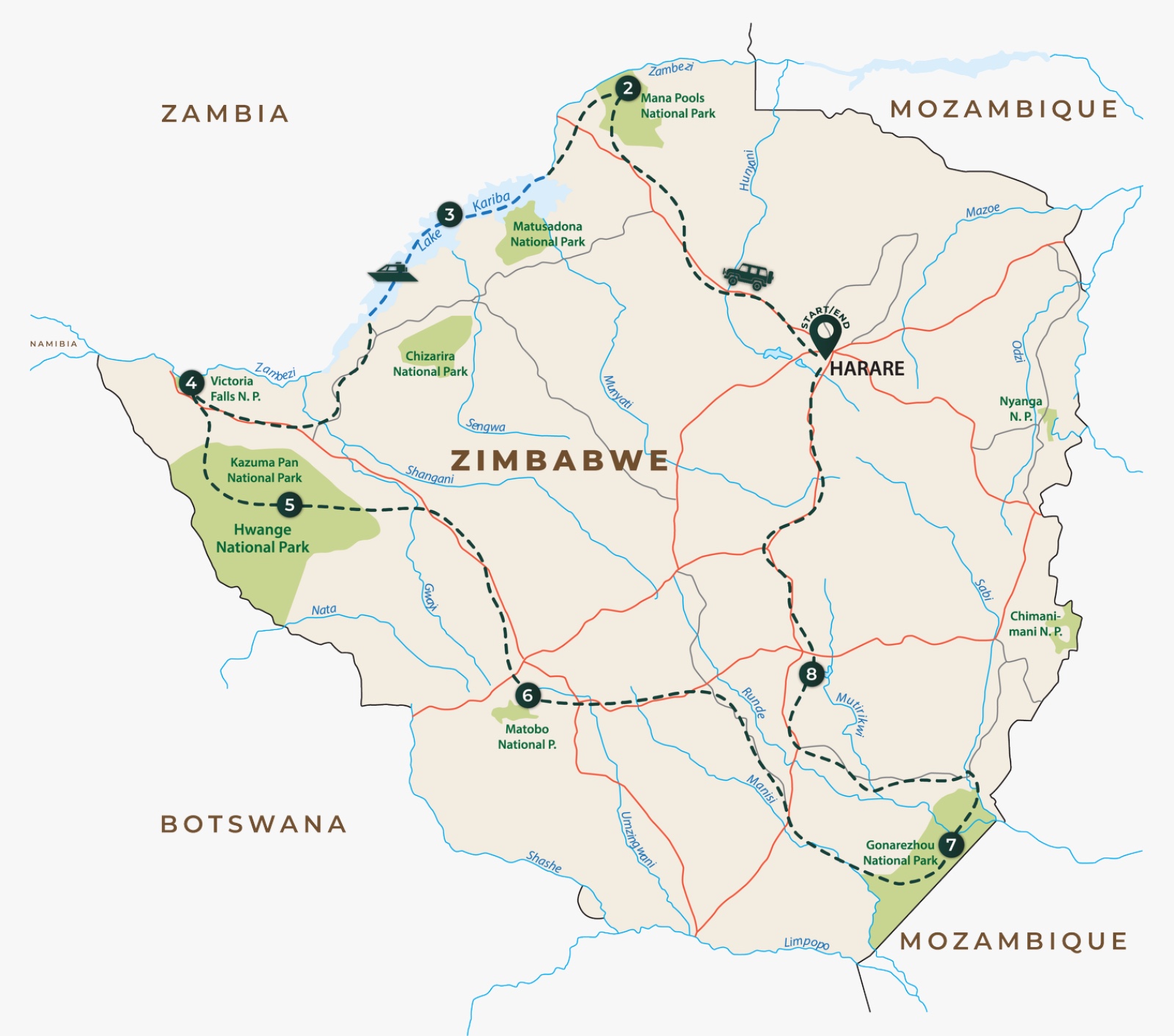 Route map for Full Zimbabwe Circle Wilderness Camping