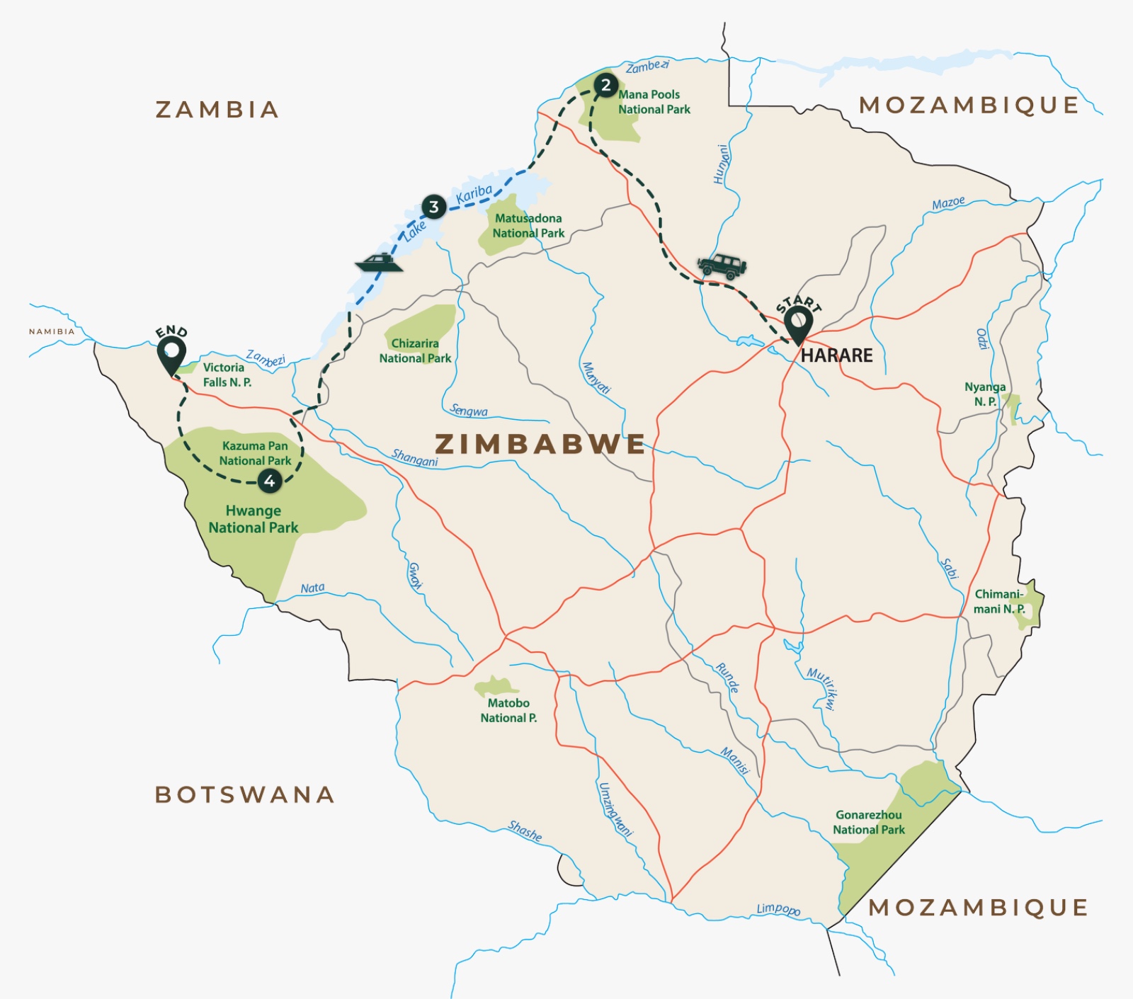 Route map for Zambezi to Falls Luxury